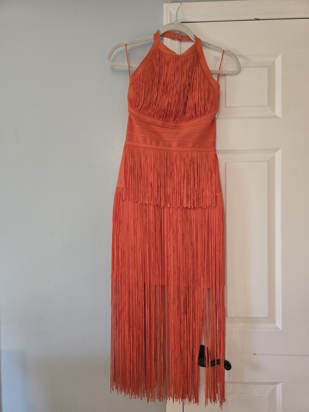 Karen Millen Bright Orange Fringe Halter Midi Dress
